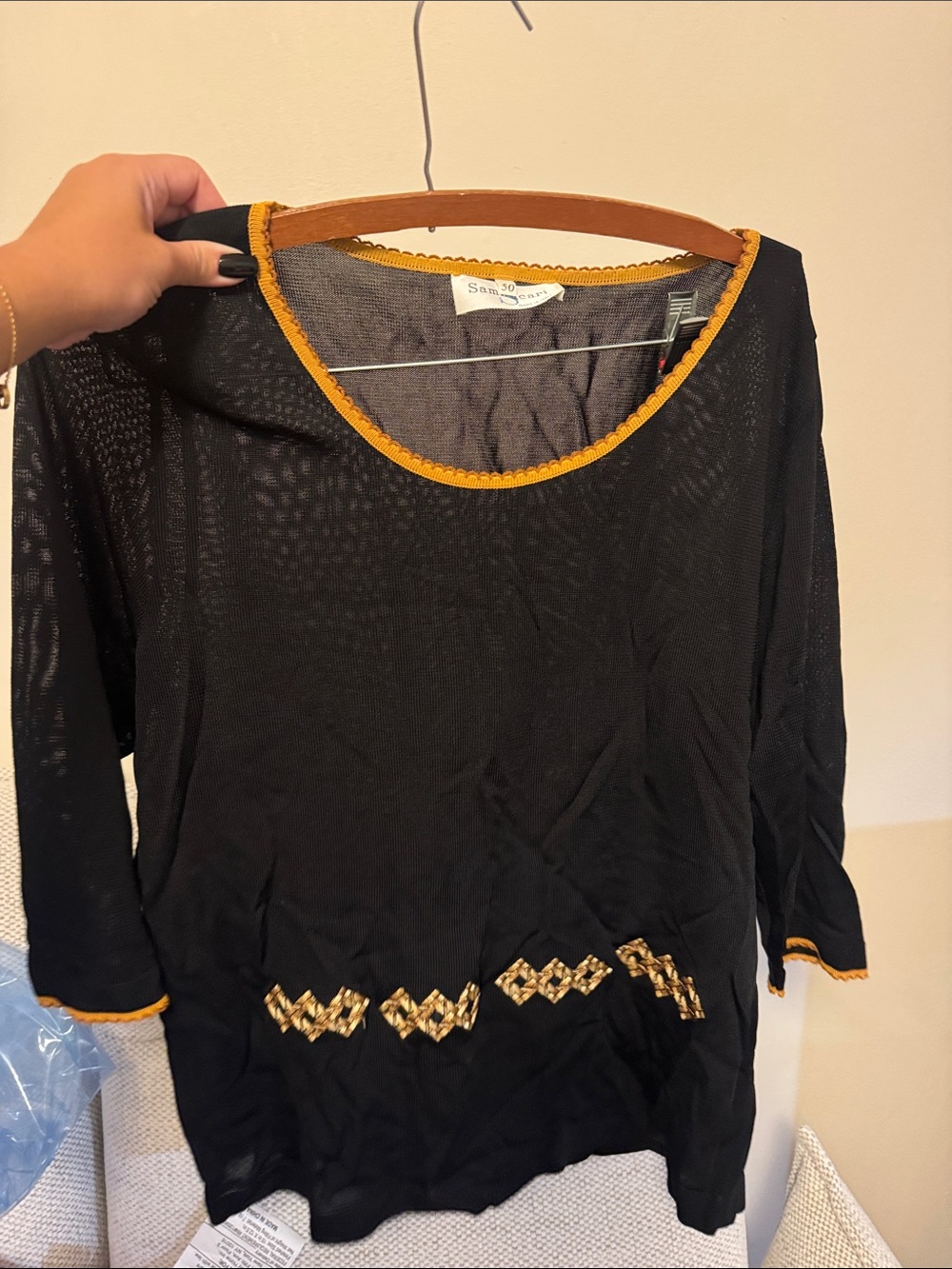 Black Sheer Long-Sleeve Top with Gold Trim